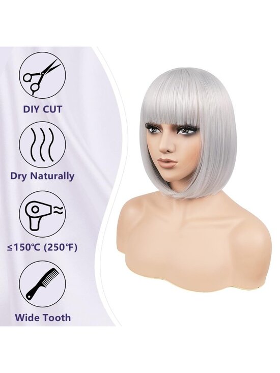 Women Silver Heat Resistant Synthetic Bob Party Neon Wig Bangs 12 Inch main image 5